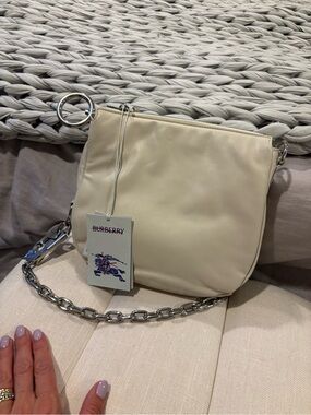 Burberry Knight Cream Leather Shoulder Bag with Silver Chain